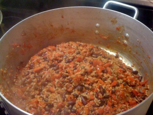 Romesco Beans 'n Rice. Romesco is a nut and red pepper-based sauce from Catalan, Spain. (my photo)