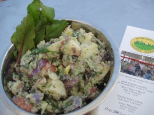 Wasabi Kohlrabi Herb Potato Salad is Vegan and Low-fat!  Its creamy herb dressing based on silken tofu, not dairy.